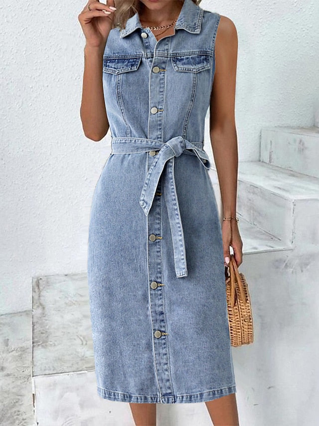 Women's Sleeveless Denim Midi Shirt Dress with Lace-Up Detail for Summer