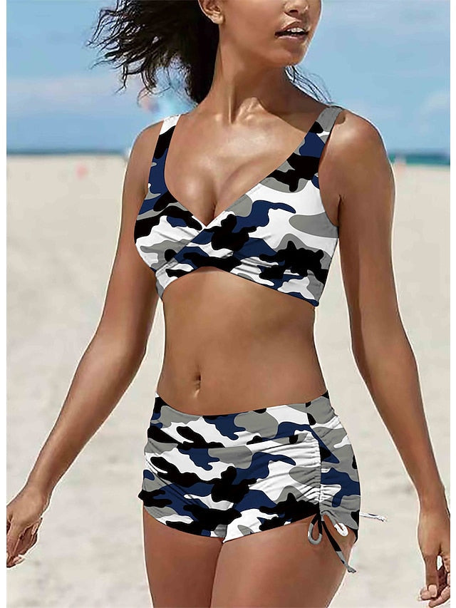 Women's Swimwear Bikini Normal Swimsuit 2 Piece Printing Camouflage Light Green Blue Orange Green Rose Red Bathing Suits Sports Beach Wear Summer