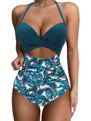 Women's Swimwear One Piece Normal Swimsuit Open Back Printing High Waisted Leopard Floral White Pink Blue Brown V Wire Bathing Suits New Vacation Fashion