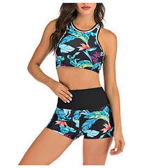 Women's Swimwear Bikini 2 Piece Normal Swimsuit Slim Print Blue leaves Bathing Suits Sports Active Vacation