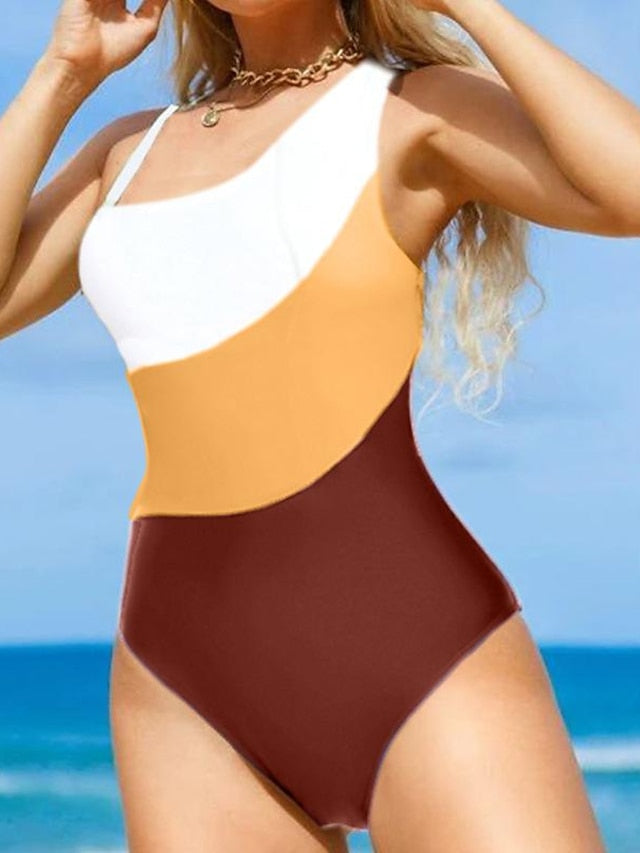 Women's Swimwear One Piece Normal Swimsuit Printing Color Block Blue Brown Bodysuit Bathing Suits Sports Beach Wear Summer