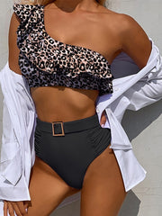 Women's Swimwear Bikini Normal Swimsuit Ruffle 2 Piece One Shoulder High Waisted Leopard Black Blue Purple Brown Rose Red Bathing Suits Sports Beach Wear Summer