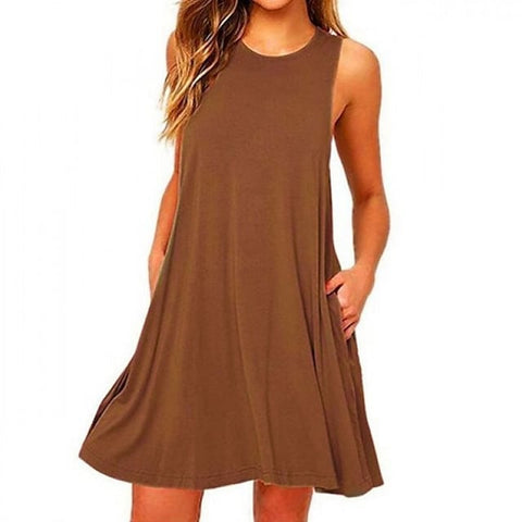 Women's Sleeveless Pure Color Pocket Crew Neck Vacation Weekend Casual Dress
