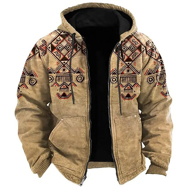 Men’s Tribal Graphic Hoodie – 3D Print Zip Hoodie Sweatshirt – Long Sleeve, Regular Fit, Sports & Streetwear – Blue & Brown Design, Ideal for Vacation, Holiday, Casual Wear, and Fall