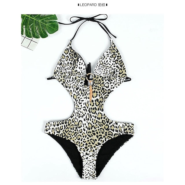 Women's Swimwear One Piece Monokini Bathing Suits Normal Swimsuit Open Back Printing Floral Leopard White Black Gray Yellow Fuchsia V Wire Bathing Suits New Vacation Fashion / Modern / Padded Bras