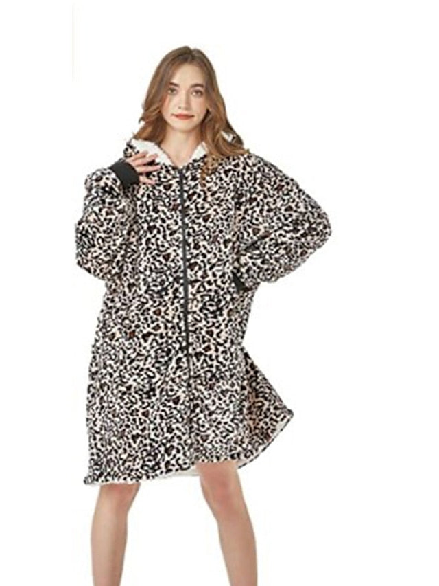 Women's Oversized Plush Fleece Hoodie Nightgown - Warm Winter Pajamas with Pocket, Long Sleeve for Home & Bed