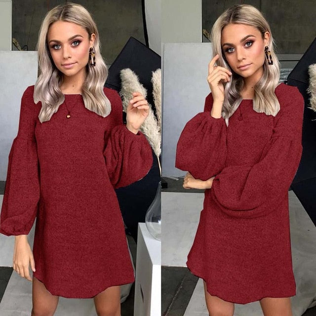 Stylish Leisure Women's O-neck Loose Knit Sweater Dress