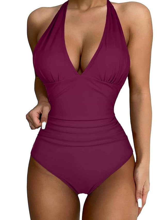 Women's Swimwear One Piece Plus Size Swimsuit Quick Dry Tummy Control Solid Color Leopard Black Army Green Burgundy Brown Rose Red Bodysuit Bathing Suits Sports Beach Wear Summer