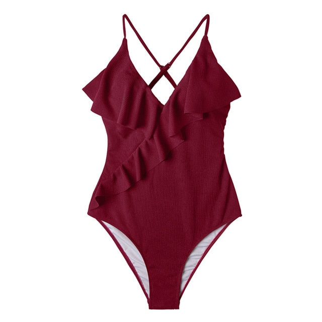 Sexy Ladies' V-neck Ruffle Monokini Swimsuit Solid Color