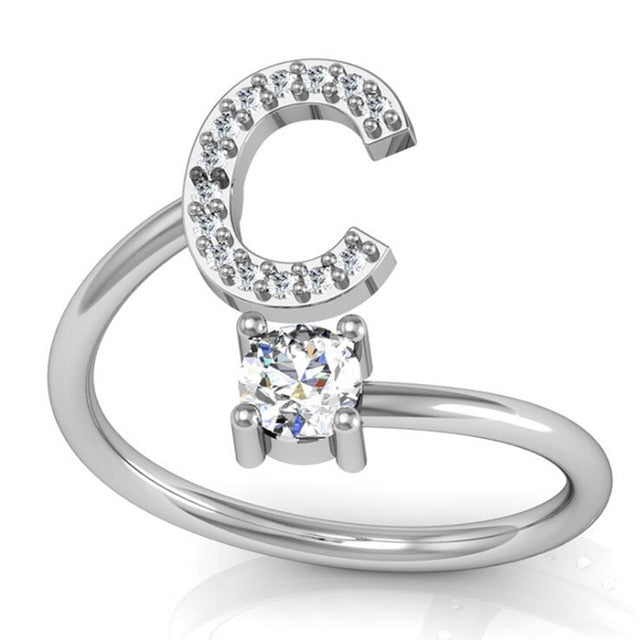 Fashion 26 Letters Silver Ring For Women Rhinestone Open Finger Rings Female Engagement Ring Jewelry Anel Party Gift - Sheseelady