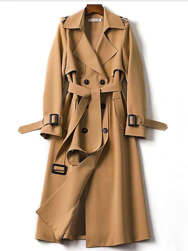 Women's Trench Coat Fall Double Breasted Lapel Long Coat with Belt Winter Warm Windproof Jacket with Pockets Maillard