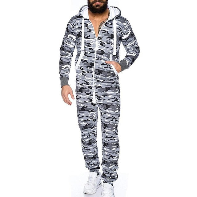 Casual Men's Long Sleeve Non Footed One-Piece Cotton Pajamas With Hood