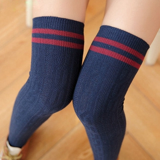 Long Stockings Women Cotton Warm Thigh High New Fashion Striped Knee Socks Sexy Over The Knee Stockings For Ladies - Sheseelady
