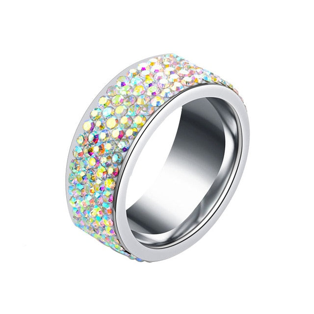 5 Row Lines Clear Crystal Wedding Rings For Women Fashion Rhinestone Stainless Steel Female Teen Jewelry Anillos Mujer - Sheseelady