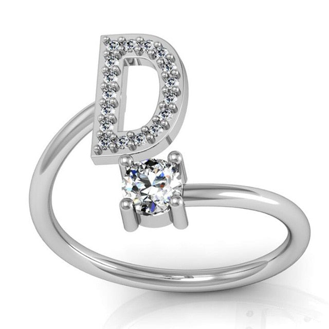Fashion 26 Letters Silver Ring For Women Rhinestone Open Finger Rings Female Engagement Ring Jewelry Anel Party Gift - Sheseelady