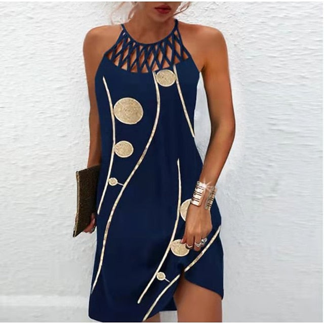 Women's Casual Dress Halter Neck Dress Midi Dress Leopard Black Wine Sleeveless Geometric Cut Out Summer Spring Halter Fashion Vacation Print Dresses