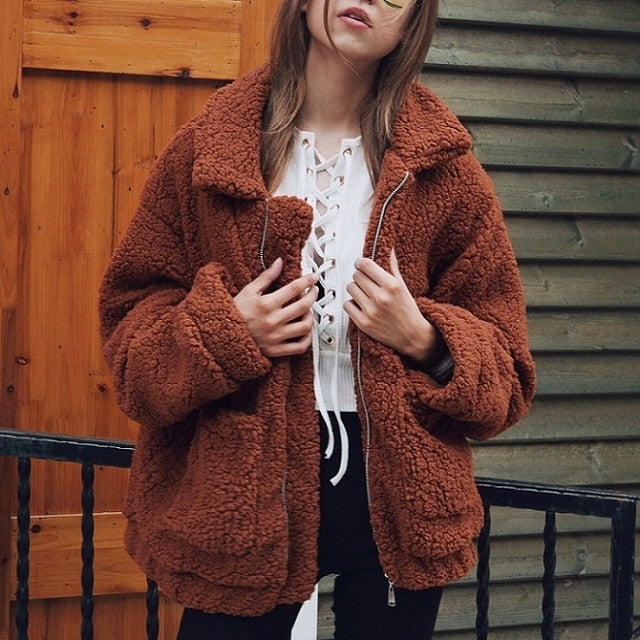 Elegant Faux Fur Coat Women Autumn Winter Warm Soft Zipper Fur Jacket Female Plush Overcoat Casual Outerwear - Sheseelady