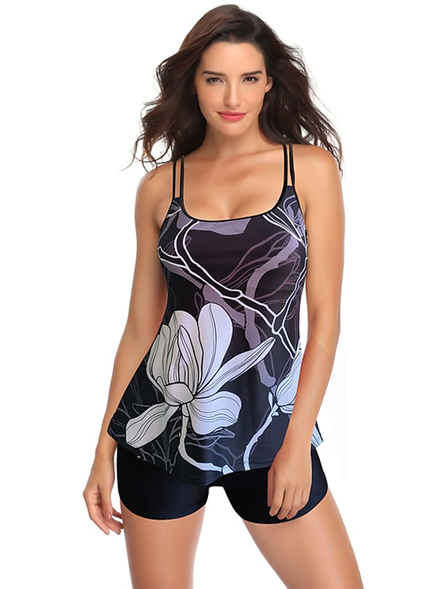 Women's Swimwear Tankini with Shorts / Top Normal Swimsuit Printing Adjustable Floral Plant Blue Black Stripe Black Yellow Navy Blue Padded Strap Bathing Suits New Irregular Style Classic & Timeless