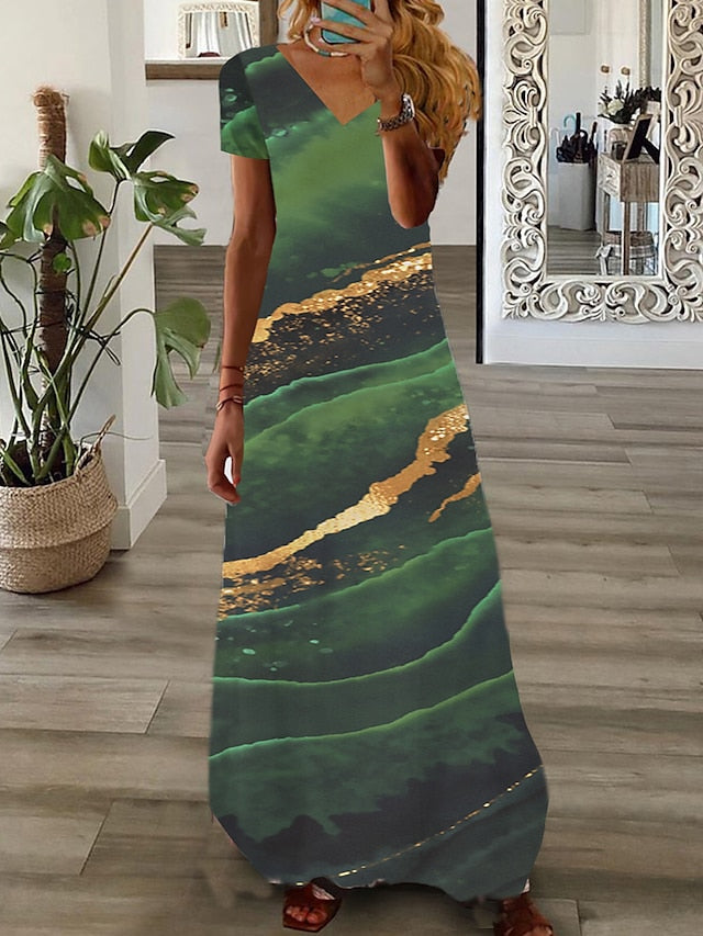 Women's Long Dress Maxi Dress Casual Dress Print Dress Graphic Marbling Fashion Modern Daily Holiday Vacation Print Short Sleeve V Neck Dress Regular Fit White Yellow Light Green Summer Spring XS Maxi Print Dresses