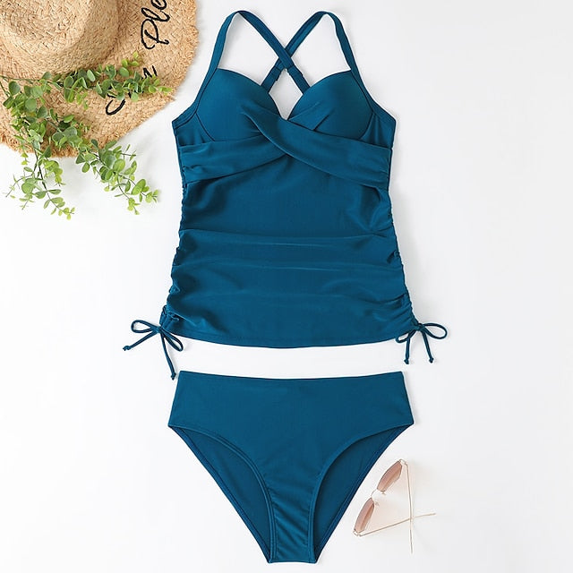 Women's Swimwear Tankini 2 Piece Normal Swimsuit 2 Piece Tummy Control Solid Color Leopard Print Black Army Green Navy Blue Blue Tank Top Bathing Suits Sports Summer