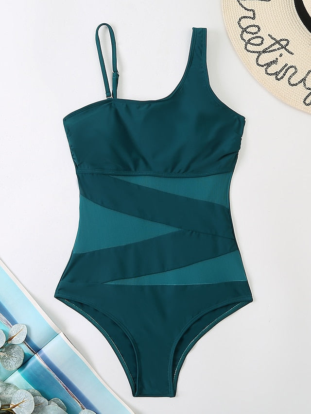 Women's Swimwear One Piece Monokini Bathing Suits Normal Swimsuit High Waist Open Back Mesh Pure Color Green Black Dark Green Red Padded Strap Bathing Suits New Casual Vacation / Sexy / Modern