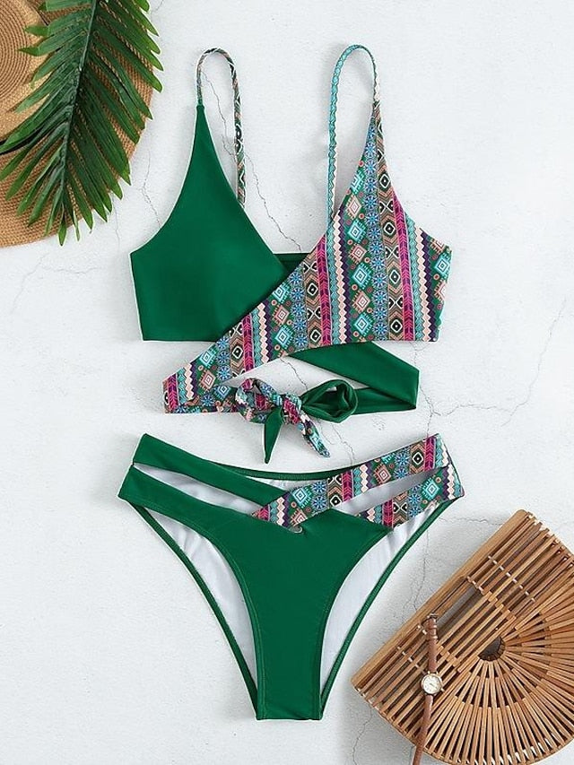 Women's Swimwear Bikini Normal Swimsuit 2 Piece Printing Geometic Navy Blue Dark Green Rose Red Bathing Suits Sports Summer