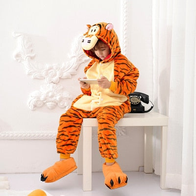 Children'S Pajamas Cartoon New Jumpsuit Flannel Dinosaur Animal Play Suit Long-Sleeved Hoodie Warm Cute Funny One-Piece Pajamas - Sheseelady