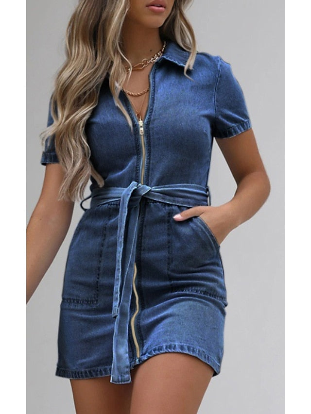Women's Denim Mini Dress - Casual Short Sleeve with Zipper, Shirt Collar for Summer