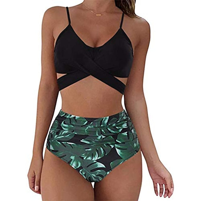 Women's Swimwear Bikini 2 Piece Plus Size Swimsuit Push Up High Waisted for Big Busts Solid Color Leaf Floral figure 1 Figure 5 Dark Green Green Bathing Suits Sexy Active Vacation