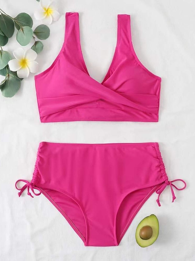 Women's Swimwear Bikini 2 Piece Normal Swimsuit Open Back High Waisted Pure Color Green Black Fuchsia Red Tank Top V Wire Bathing Suits Sexy Vacation Fashion / Modern / New