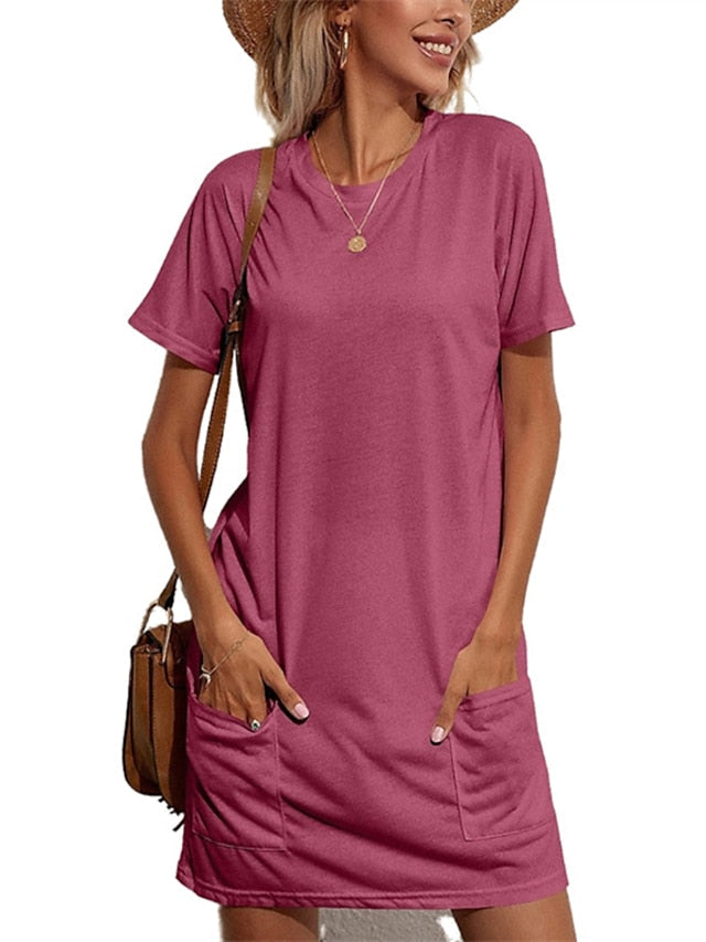 Women's Pajamas Nightgown Nighty Pjs Pure Color Comfort Soft Home Daily Polyester Crew Neck Short Sleeve Pocket Spring Summer Yellow Fuchsia