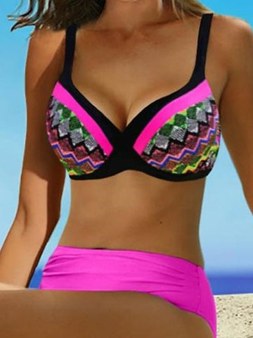 Women's Swimwear Bikini 2 Piece Plus Size Swimsuit Open Back Printing for Big Busts Geometric Fuchsia V Wire Bathing Suits Sexy Vacation Fashion / Modern / New / Padded Bras