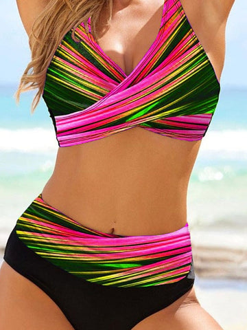 Women's Swimwear Bikini Suits 2 Piece Normal Swimsuit Open Back Printing High Waisted Animal Green Blue Gray Fuchsia V Wire Bathing Suits New Vacation Fashion / Sexy / Modern / Padded Bras
