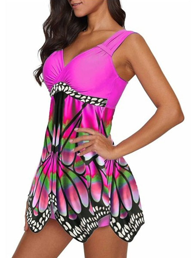 Women's Swimwear Tankini 2 Piece Normal Swimsuit Open Back Printing Butterfly Fuchsia Tunic V Wire Bathing Suits New Vacation Fashion / Modern / Padded Bras