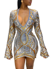 Women's Party Dress Sequin Dress Holiday Dress Mini Dress Gold Long Sleeve Floral Sequins Fall V Neck Sexy Party Winter Dress Fall Dress  S M L XL XXL