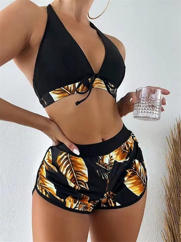 Women's Swimwear Bikini Three Piece Normal Swimsuit Open Back Printing Leaves Blue Purple Gold Tank Top V Wire Bathing Suits Sexy Vacation Fashion / Modern / New / Padded Bras