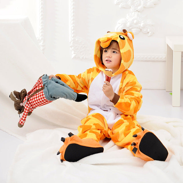 Children'S Pajamas Cartoon New Jumpsuit Flannel Dinosaur Animal Play Suit Long-Sleeved Hoodie Warm Cute Funny One-Piece Pajamas - Sheseelady
