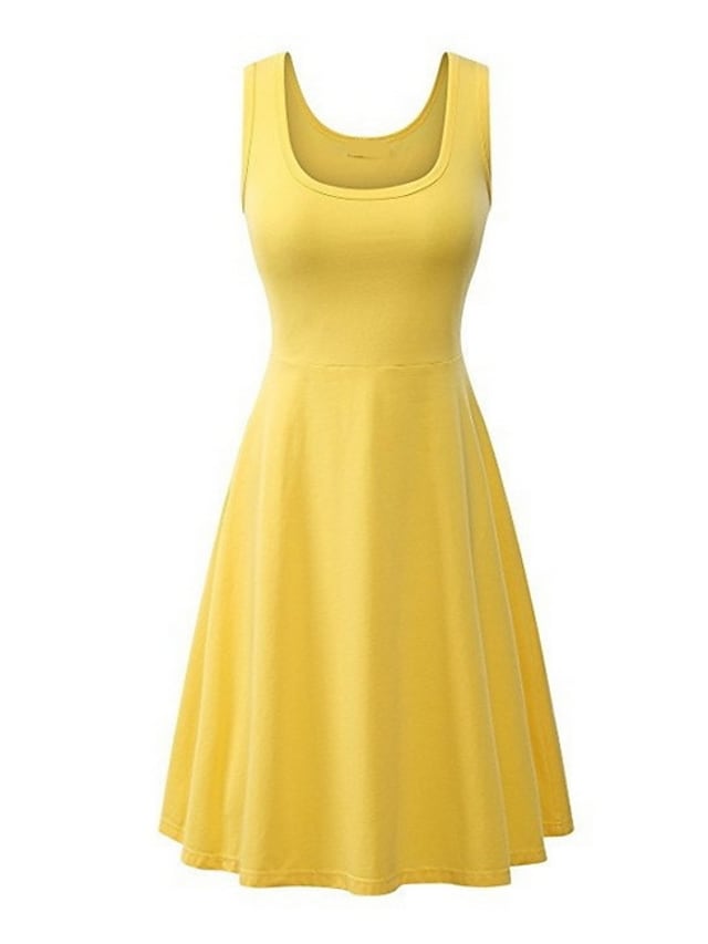 Fashion Sleeveless Pure Color Square Neck Weekend Casual Swing Dress For Womens