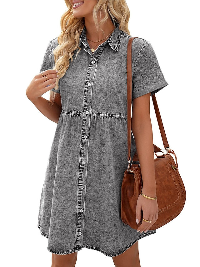 Women's Denim Shift Dress - Casual Mini Shirt Dress with Pockets, Short Sleeve