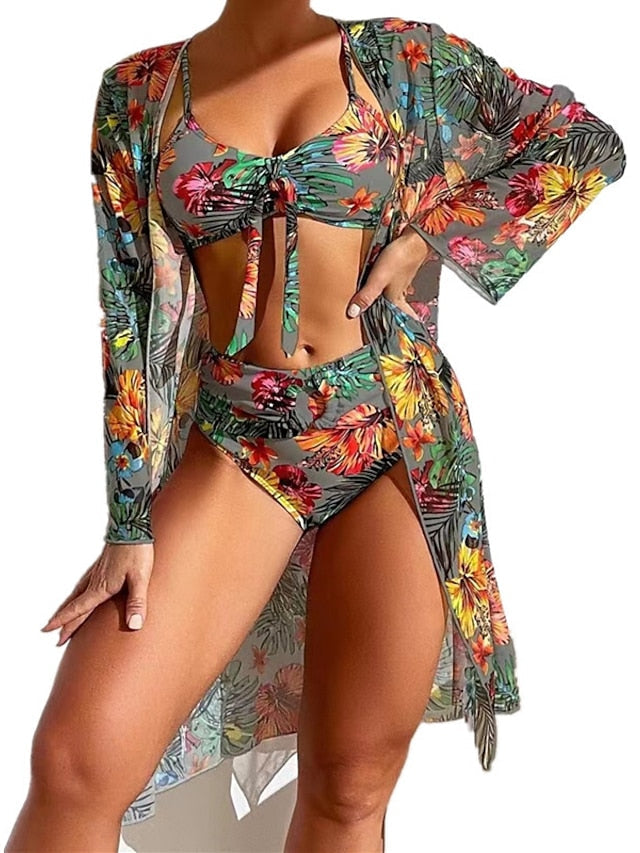 Women's Swimwear Bikini Normal Swimsuit 3-Piece Printing Floral White Yellow Blue Gray Bathing Suits Sports Beach Wear Summer