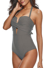 Women's Swimwear One Piece Monokini Plus Size Swimsuit Tummy Control Open Back Pure Color Wine Gray Strap Bathing Suits New Vacation Fashion