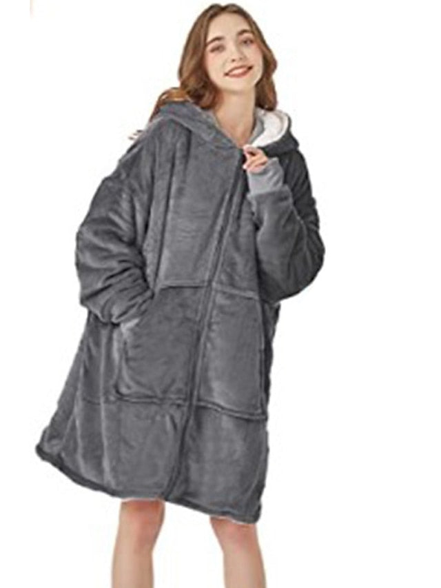 Women's Oversized Plush Fleece Hoodie Nightgown - Warm Winter Pajamas with Pocket, Long Sleeve for Home & Bed