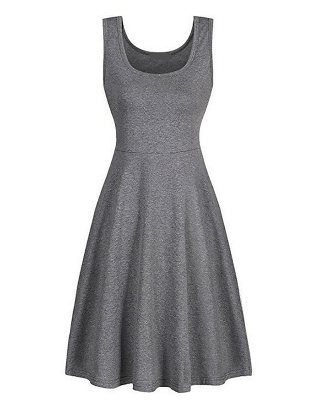 Fashion Sleeveless Pure Color Square Neck Weekend Casual Swing Dress For Womens
