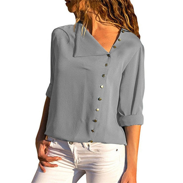 Chiffon Long Sleeve Skew Collar Solid Office Women Blouses And Tops - Sheseelady
