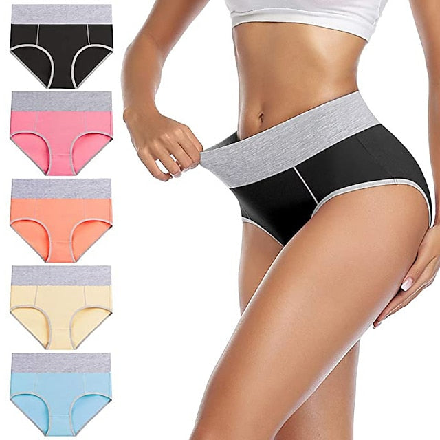Women's Plus Size Basic Vacation Pure Color Shaping Panty Stretchy High Waist Cotton 5 Pieces Green