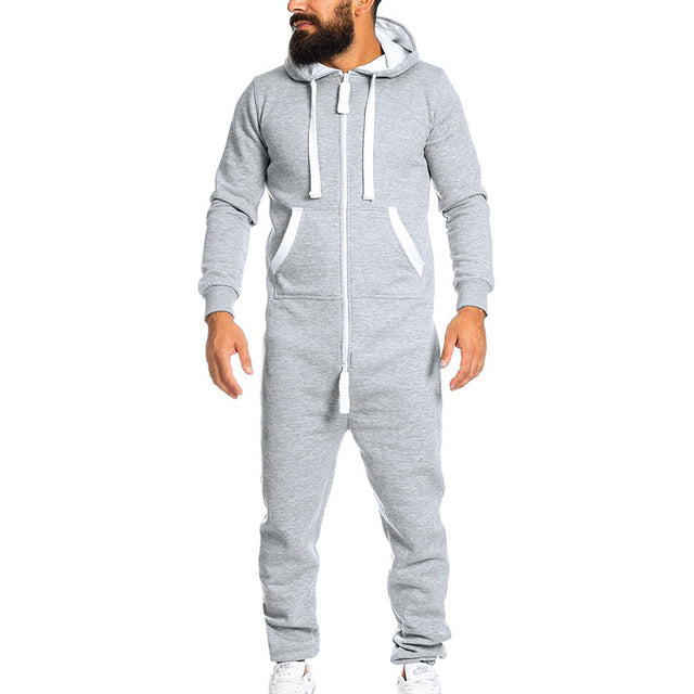Casual Men's Long Sleeve Non Footed One-Piece Cotton Pajamas With Hood