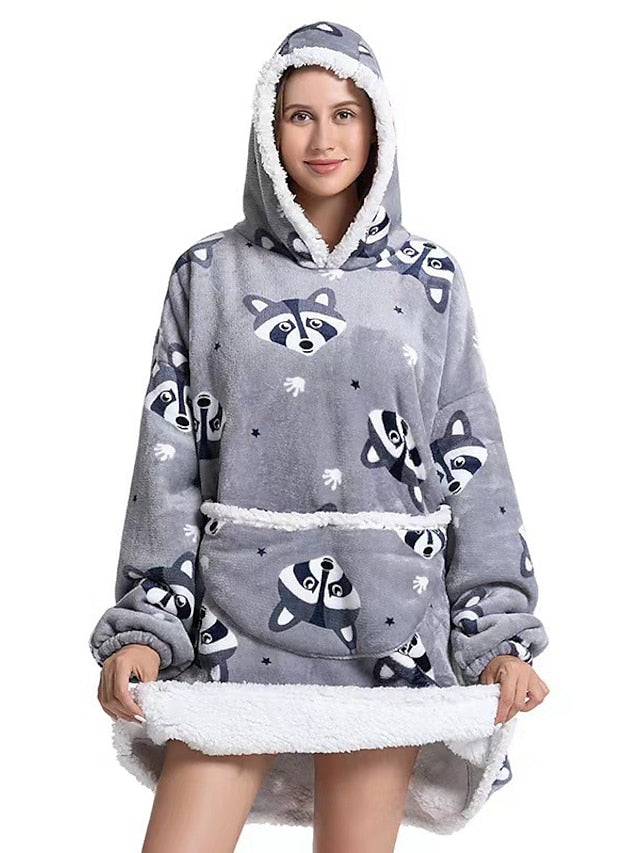 Women‘s Couple‘s Pajamas Nightgown Wearable Blanket Winter Hoodie Blanket Animal Dog Comfort Oversized Plush Home FallVacation Flannel