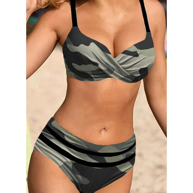 Women's Swimwear Bikini Bathing Suits 2 Piece Normal Swimsuit High Waisted Camouflage Gray Padded V Wire Bathing Suits Sports Vacation Sexy / Strap / New / Strap