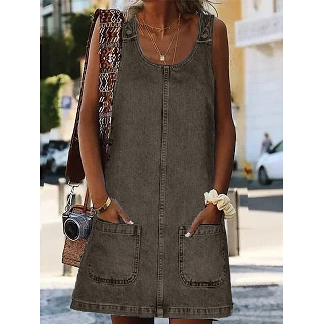 Women's Denim Pinafore Mini Dress - Sleeveless U-Neck Casual Summer Shift Dress