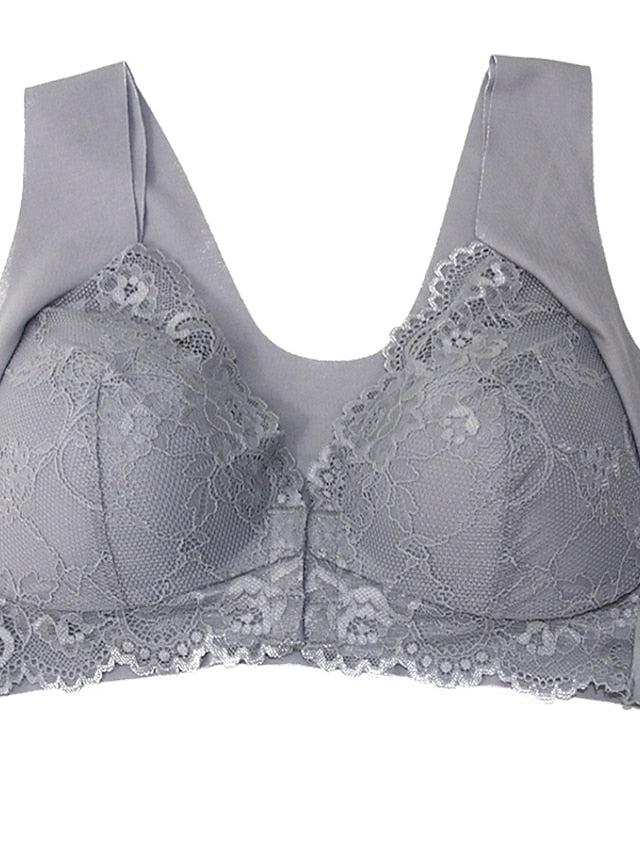 Women's Lace Bras Fixed Straps Sheer Bras Full Coverage V Neck Breathable Lace Pure Color Front Closure Date Casual Daily Nylon Sexy 1PC Black Gray , Bras & Bralettes , 1 PC